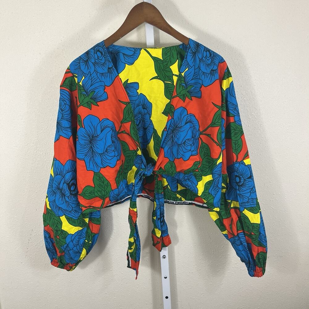 Handmade Floral Tie Front Crop Top Womens Puff Sleeve Statement Blouse Dopamine